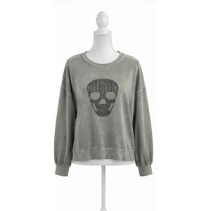 Brit NY Sequince Sugar Skull Sweatshirt Top Women size Large Gray Long Sleeve